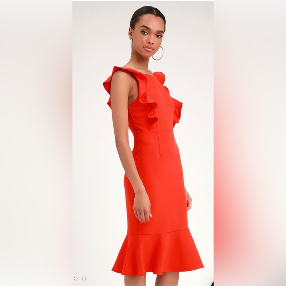 Lulus Medium Coral Orange Ruffled Bodycon Midi Dress- Great condition, worn once - Picture 3 of 5